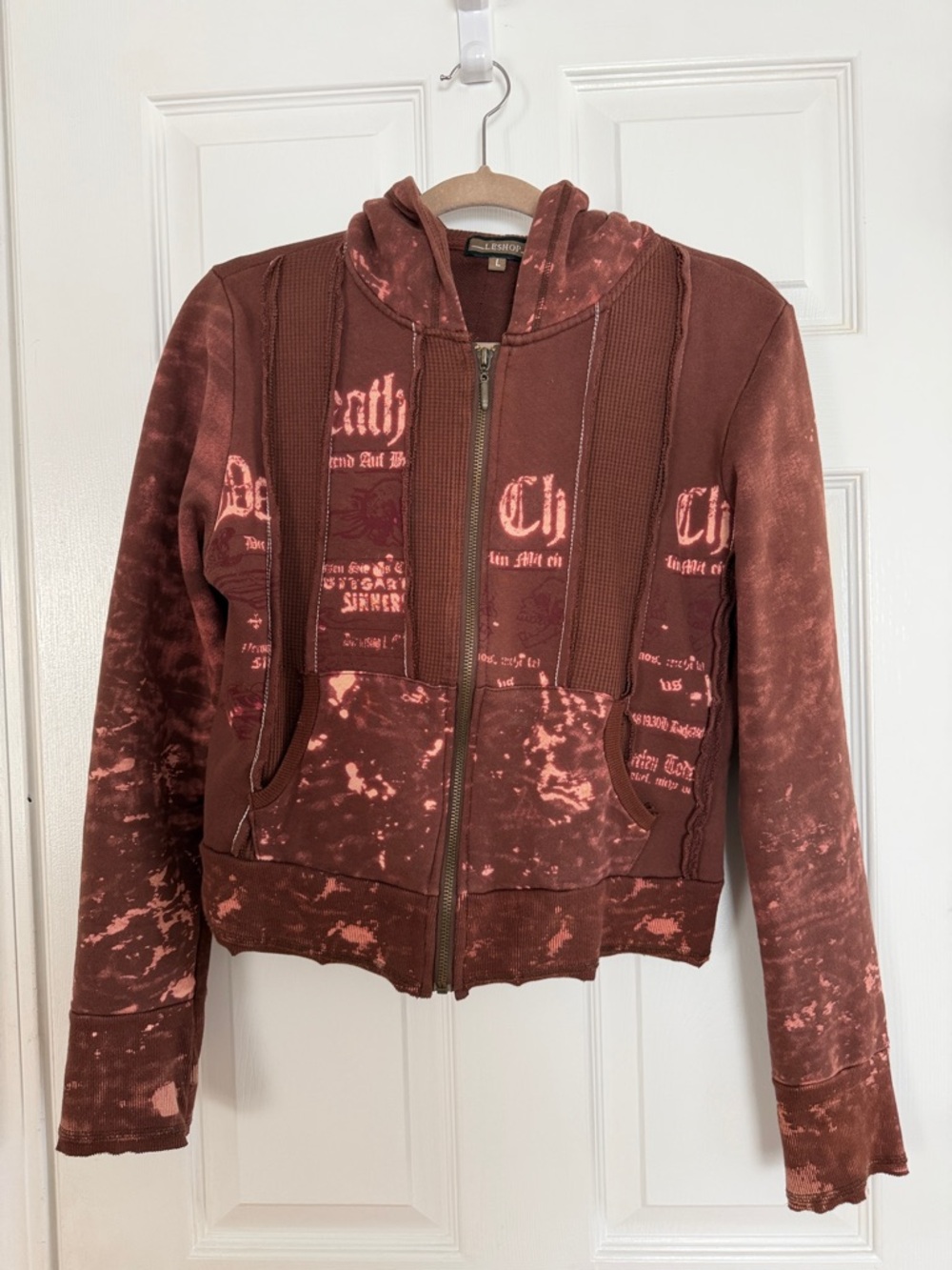LESHOP Rust Brown Y2K Bleached Distressed Zip Front Hoodie Jacket
